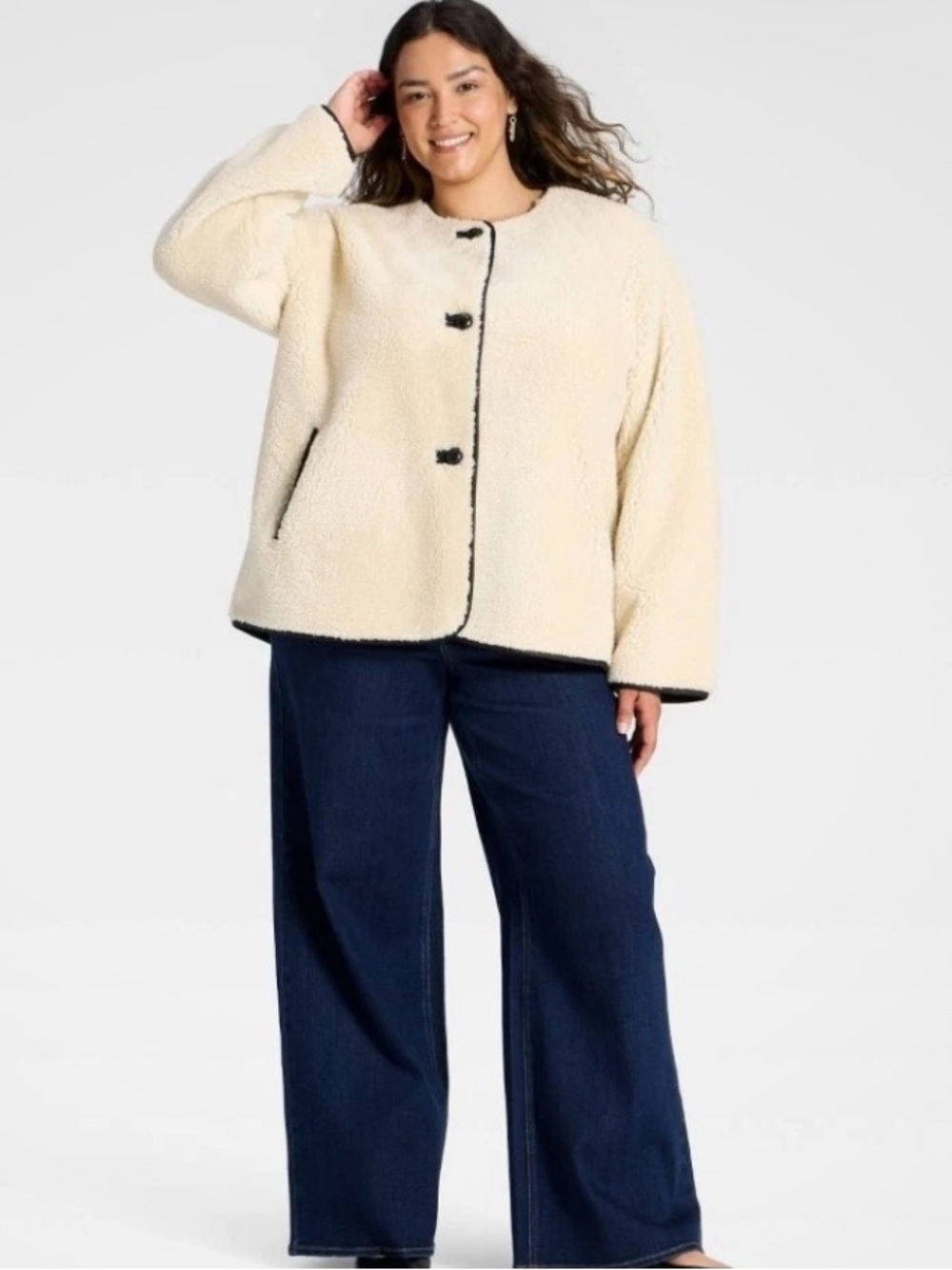 Universal Thread Cream Faux Sherpa Teddy Jacket with Contrast Trim